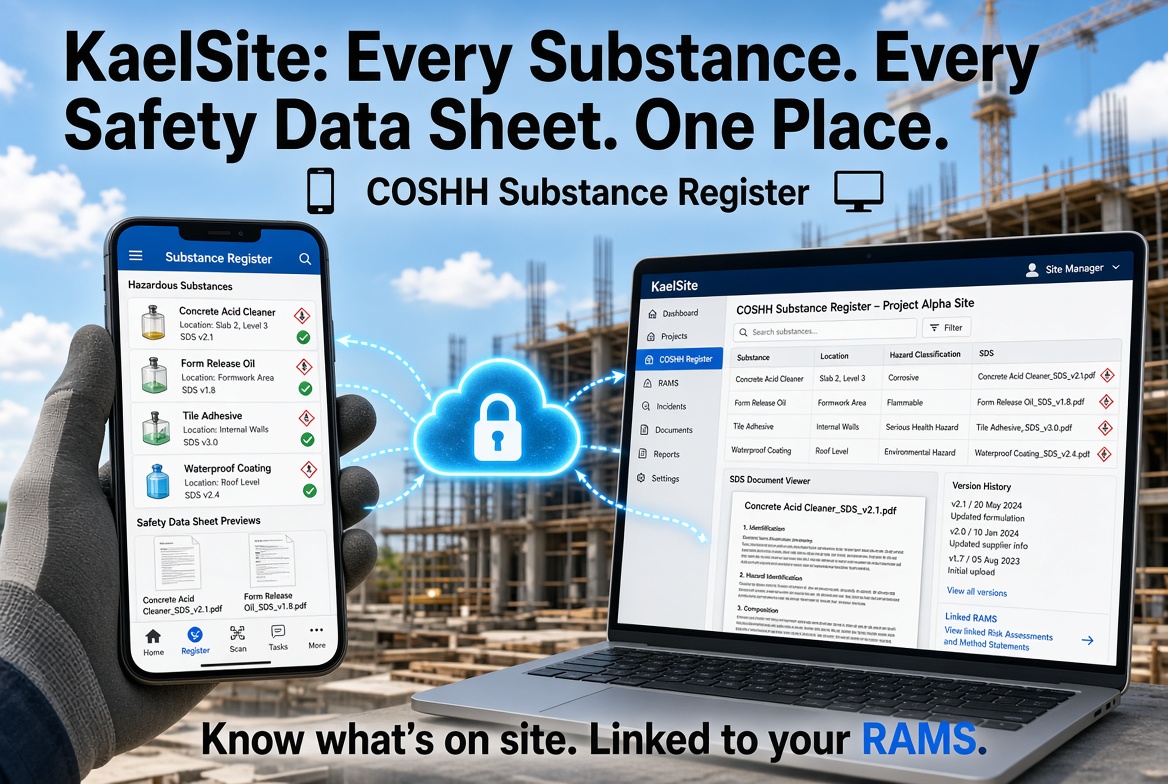 KaelSite COSHH substance register with safety data sheet attached