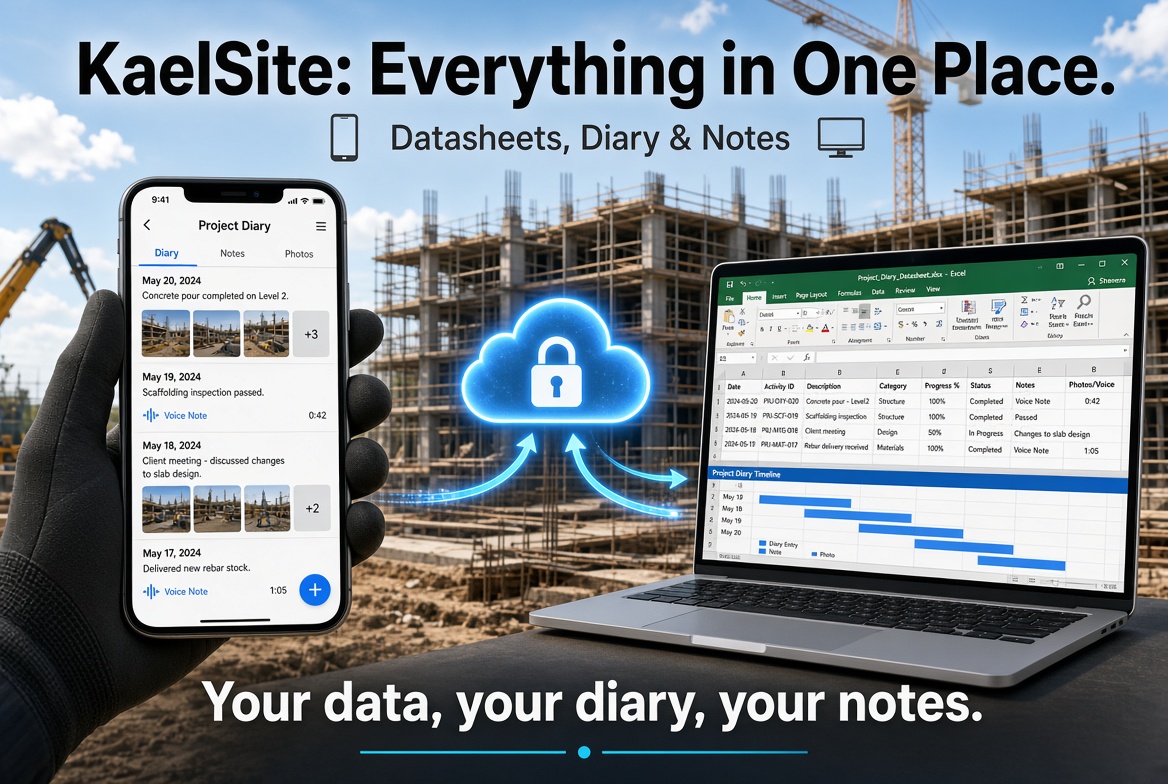 KaelSite datasheet with formulas next to a site note with a photo and voice note attached