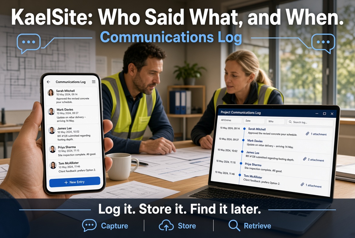 KaelSite communications log showing a logged conversation with a project client