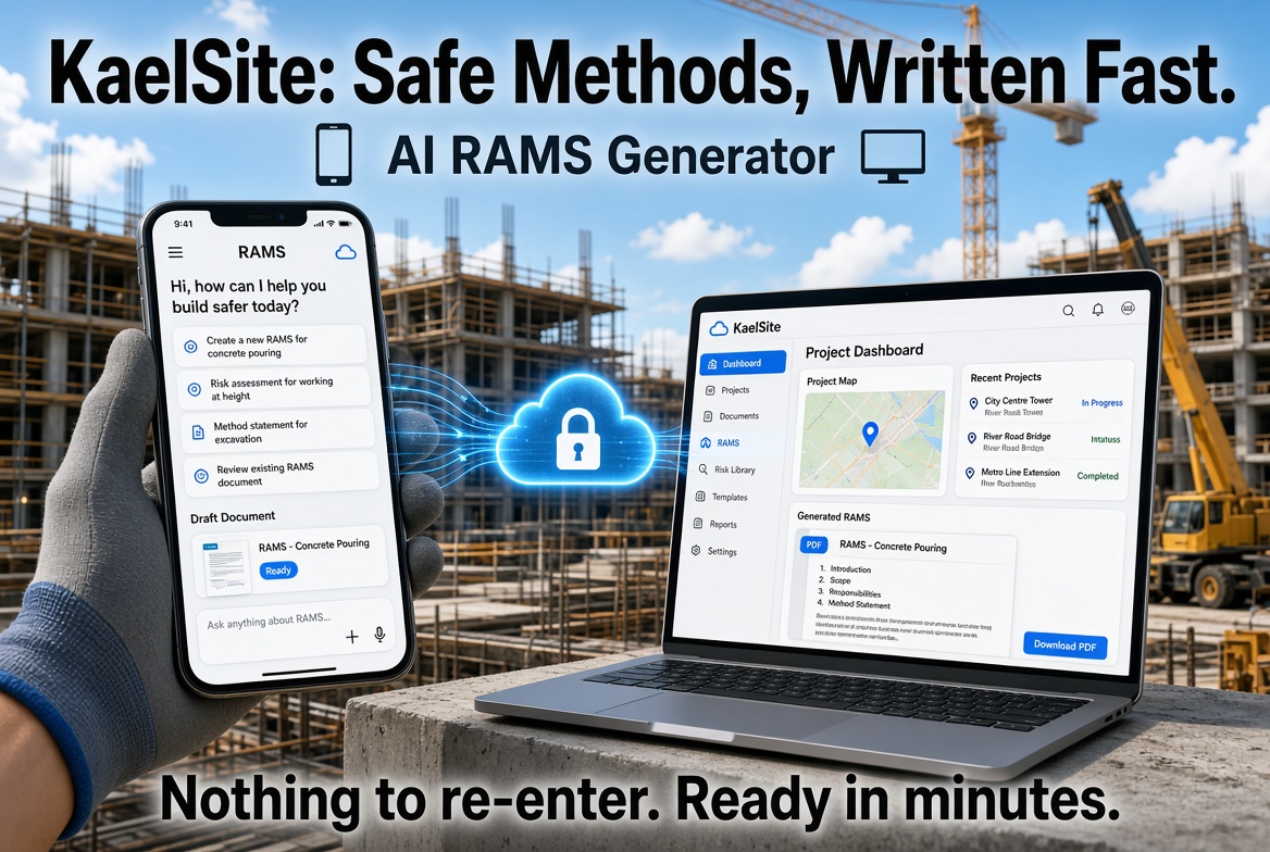 KaelSite RAMS page showing a draft risk assessment and method statement for a work item